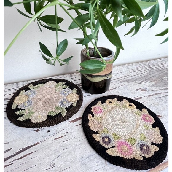 Other - Antique Hand Hooked Rug Table Mats (Set Of 2) Crochet Wall Hanging Trivets 6”